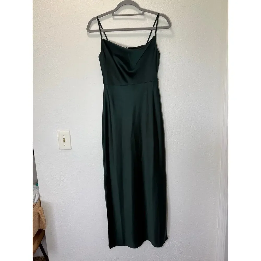 BHLDN Cali Satin Cowl Neck Midi Slip Dress NWT Green Sz 0 Wedding Guest Formal